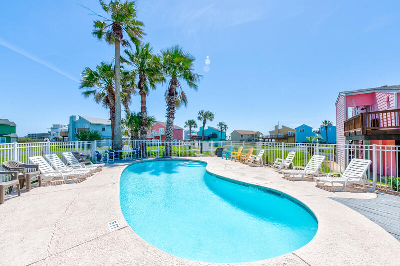 Community pool with palm trees